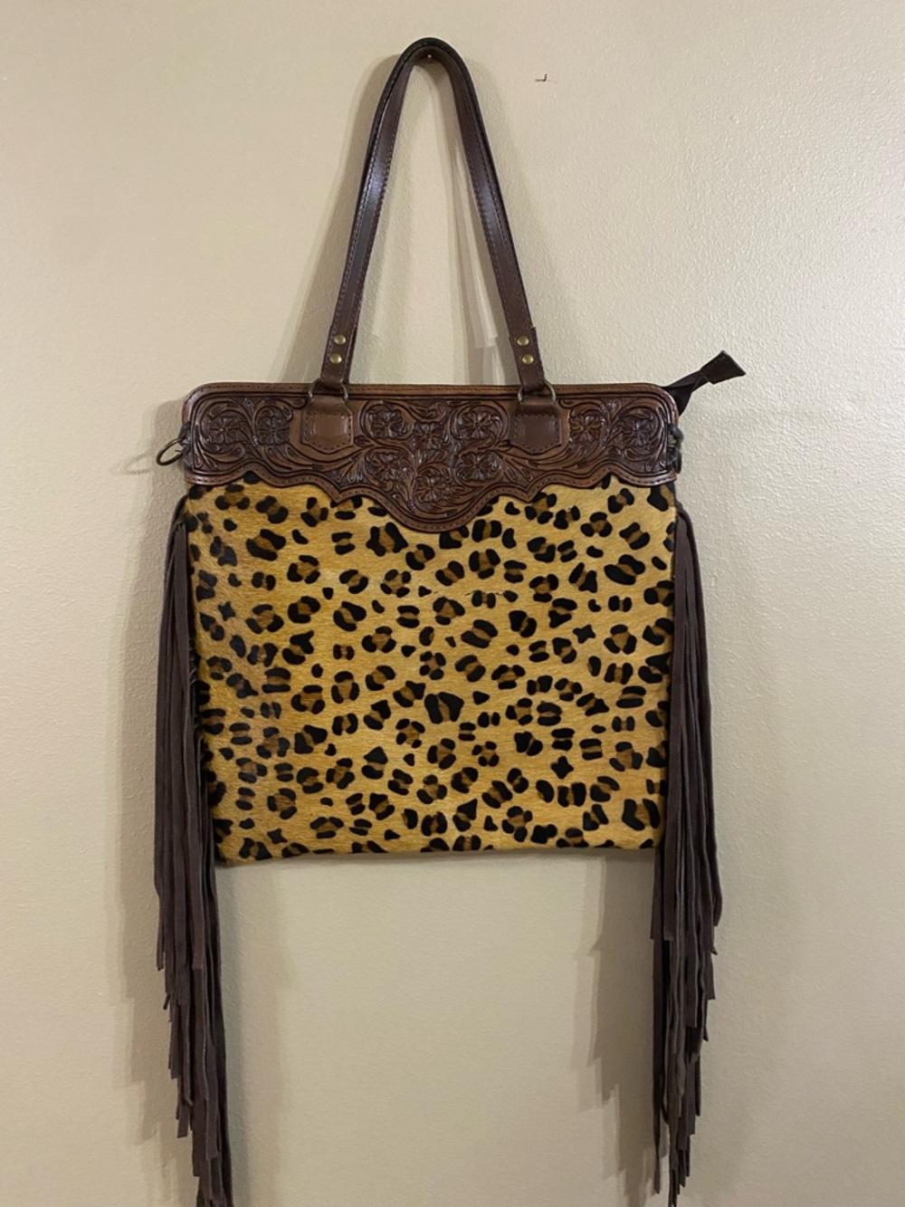 American Darling Leopard Fringe Shoulder Tote in Brown and Tan